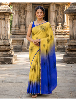 Anjaneya Sarees - Yellow Linen Blend Printed Saree with Unstitched Blouse