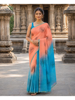 Anjaneya Sarees - Peach Linen Blend Printed Saree with Unstitched Blouse