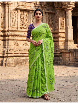 Anjaneya Sarees - Green Linen Blend Printed Saree with Unstitched Blouse