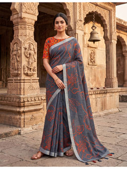 Anjaneya Sarees - Grey Linen Blend Printed Saree with Unstitched Blouse