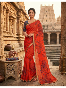 Anjaneya Sarees - Orange Linen Blend Printed Saree with Unstitched Blouse