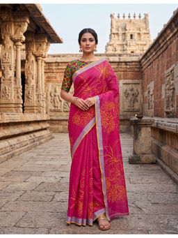 Anjaneya Sarees - Pink Linen Blend Printed Saree with Unstitched Blouse