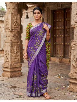 Anjaneya Sarees - Purple Linen Blend Printed Saree with Unstitched Blouse