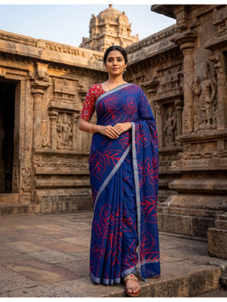 Anjaneya Sarees - Blue Womens Linen Blend Printed Saree with Unstitched Blouse