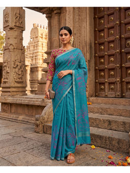 Anjaneya Sarees - Blue Women Linen Blend Printed Saree with Unstitched Blouse