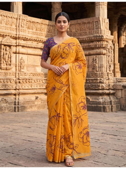 Anjaneya Sarees - Yellow Linen Blend Printed Saree with Unstitched Blouse