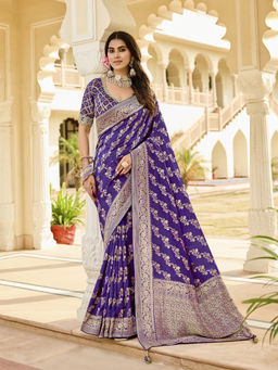 KRISHREE - Blue Viscose Woven Saree with Unstitched Blouse