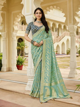 KRISHREE - Green Viscose Woven Saree with Unstitched Blouse