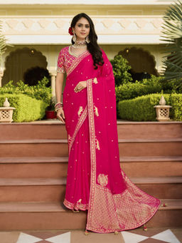 KRISHREE - Pink Viscose Woven Saree with Unstitched Blouse