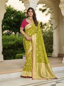 KRISHREE - Olive Viscose Woven Saree with Unstitched Blouse