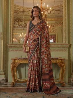 KRISHREE - Brown Cotton Printed Saree with Unstitched Blouse
