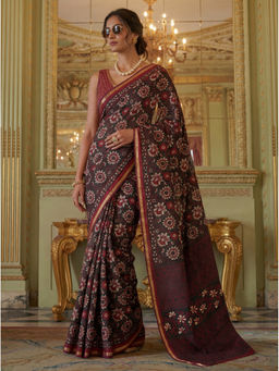 KRISHREE - Black Cotton Printed Saree with Unstitched Blouse
