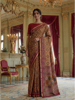 KRISHREE - Mustard Cotton Printed Saree with Unstitched Blouse