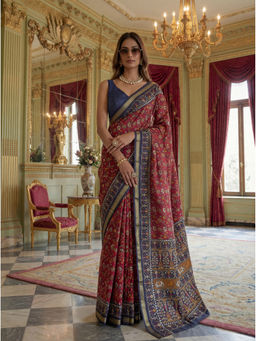 KRISHREE - Red Cotton Printed Saree with Unstitched Blouse