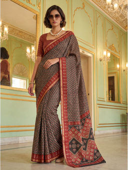 KRISHREE - Black Cotton Printed Saree with Unstitched Blouse