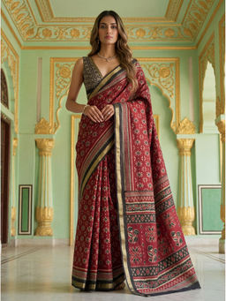 KRISHREE - Maroon Cotton Printed Saree with Unstitched Blouse