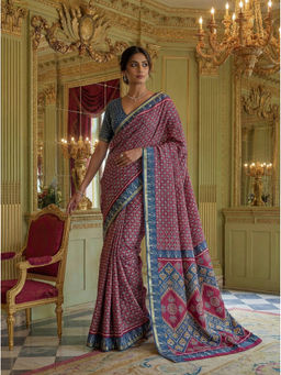 KRISHREE - Blue Cotton Printed Saree with Unstitched Blouse