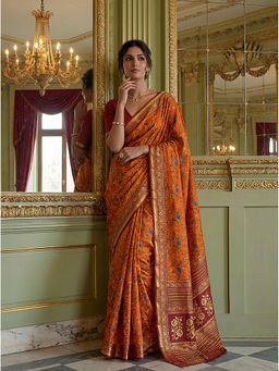KRISHREE - Orange Cotton Printed Saree with Unstitched Blouse