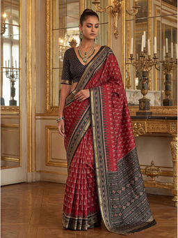 KRISHREE - Red Cotton Printed Saree with Unstitched Blouse
