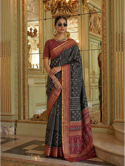 KRISHREE - Black Cotton Printed Saree with Unstitched Blouse