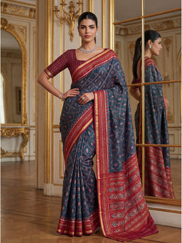KRISHREE - Blue Cotton Printed Saree with Unstitched Blouse