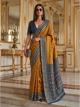 KRISHREE - Mustard Cotton Printed Saree with Unstitched Blouse