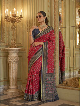 KRISHREE - Red Cotton Printed Saree with Unstitched Blouse