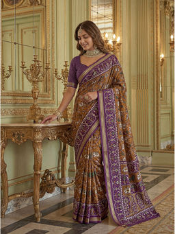 KRISHREE - Brown Cotton Printed Saree with Unstitched Blouse