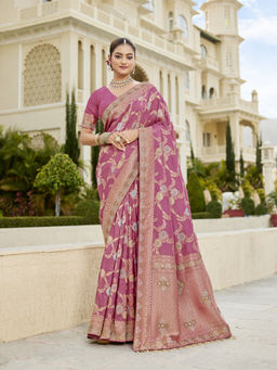 KRISHREE - Pink Silk Woven Saree with Unstitched Blouse