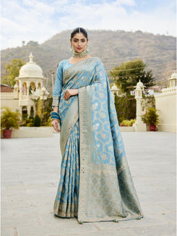 KRISHREE - Aqua Silk Woven Saree with Unstitched Blouse