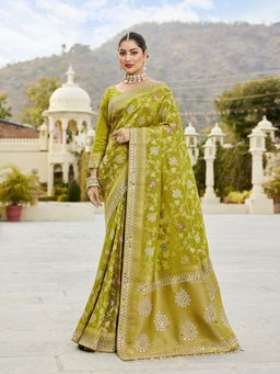 KRISHREE - Olive Silk Woven Saree with Unstitched Blouse
