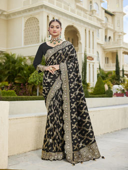 KRISHREE - Black Silk Woven Saree with Unstitched Blouse