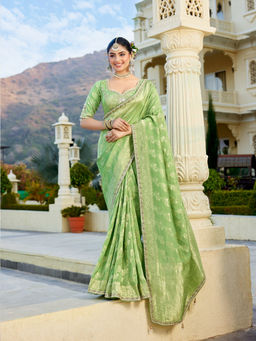 KRISHREE - Green Viscose Woven Saree with Stitched Blouse