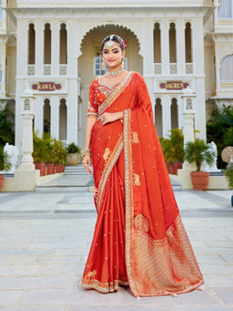 KRISHREE - Rust Viscose Woven Saree with Stitched Blouse
