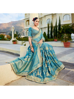 KRISHREE - Turquoise Viscose Woven Saree with Stitched Blouse