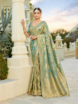 KRISHREE - Green Tissue Woven Saree with Stitched Blouse