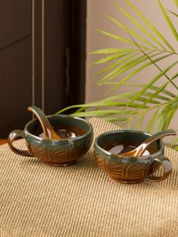 ExclusiveLane - Amber & Teal Studio Pottery Soup Bowls With Spoons In Ceramic (Set Of 2)