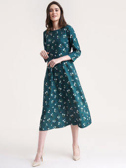 FableStreet - Floral Print A Line Dress Olive