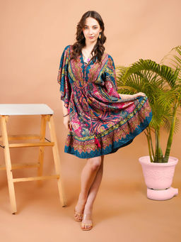 BOHOLYFE - Women Teal Ethereal Glow Paisley Print Boho Mini Dress