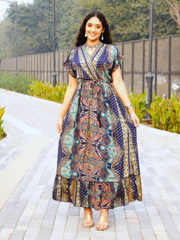 BOHOLYFE - Women Navy Blue Blush Paisley Maxi Dress