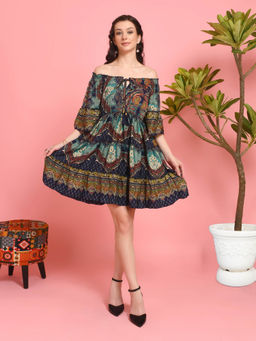 BOHOLYFE - Women Navy Blue Rhea Off-Shoulder Mini Dress