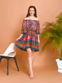 BOHOLYFE - Women Mira Teal Breeze Off-Shoulder Mini Dress