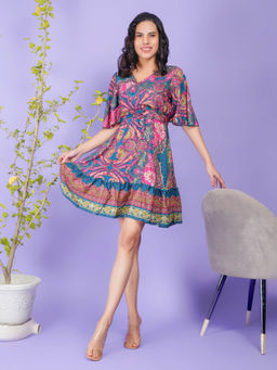 BOHOLYFE - Women Teal Wrap Me Pretty Boho Paisley Mini Dress