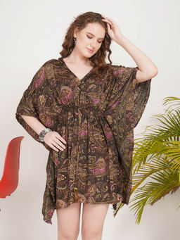 BOHOLYFE - Women Brown Sana Mystic Paisley Kaftan Mini Dress
