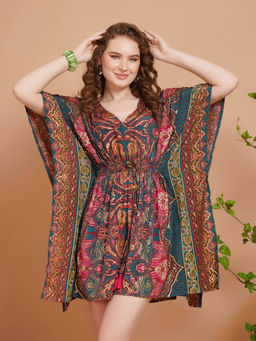 BOHOLYFE - Women Teal Siena Paisley Pop Kaftan Mini Dress