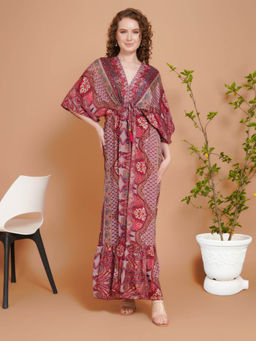 BOHOLYFE - Women Pink Boho Berry Bloom Kimono Maxi Dress