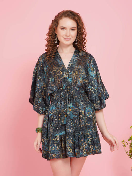Buy BOHOLYFE Women Blue Boheme Bloom Kimono Mini Dress Online