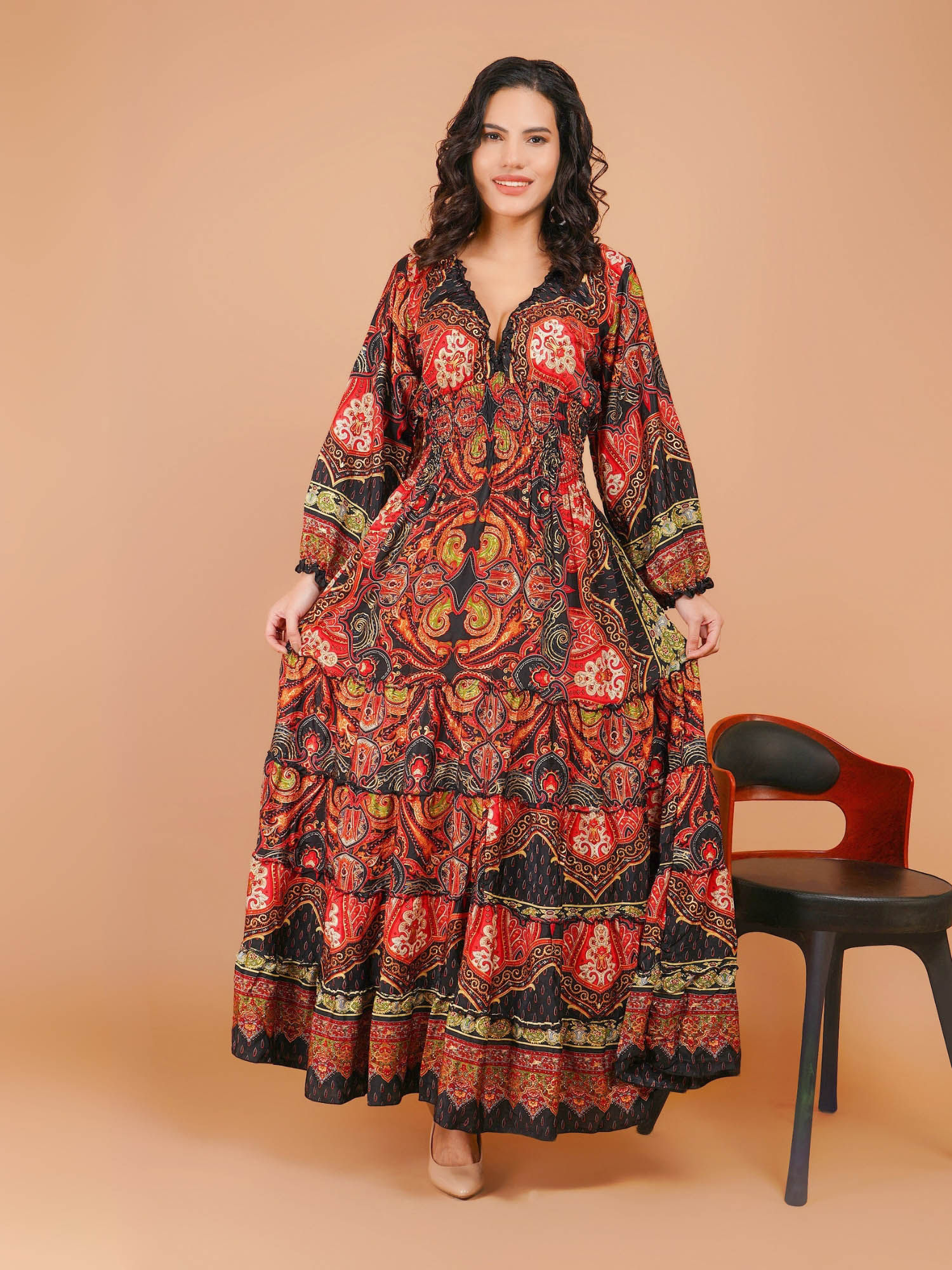 boholyfe Women Red Midnight Paisley Dreams Maxi Dress-picture-0