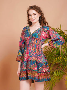 BOHOLYFE - Women Teal Celina Peacock Radiance Mini Dress