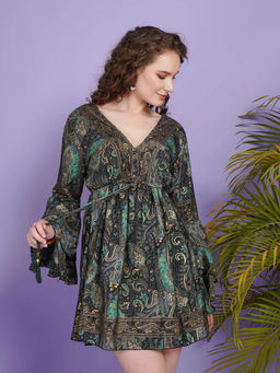BOHOLYFE - Women Green Emerald Paisley Pulse Mini Dress